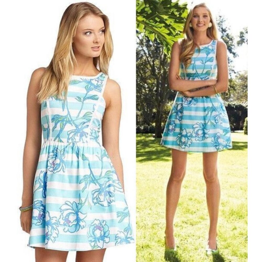 Lilly Pulitzer Sandrine Shorely Blue White Striped Floral Dress Size 4